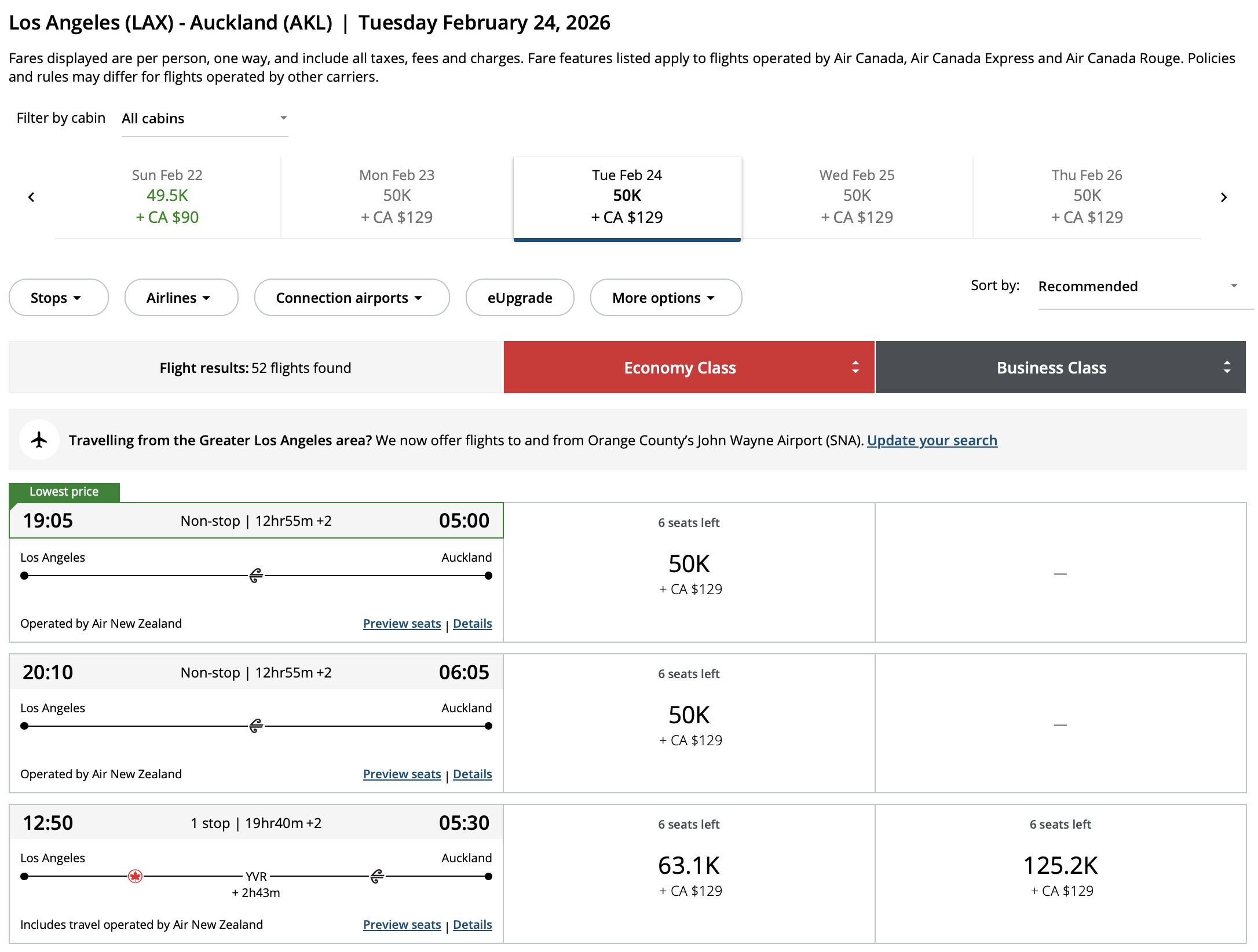 Aeroplan award booking for LAX-AKL on Air New Zealand