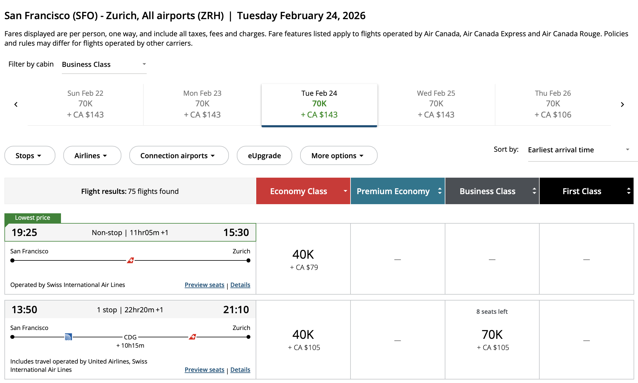 Aeroplan flight option from SFO to ZRH operated by Swiss