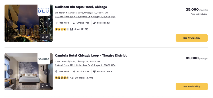 A screenshot from the Choice Hotels website showing Choice point redemption options at two hotels in Chicago