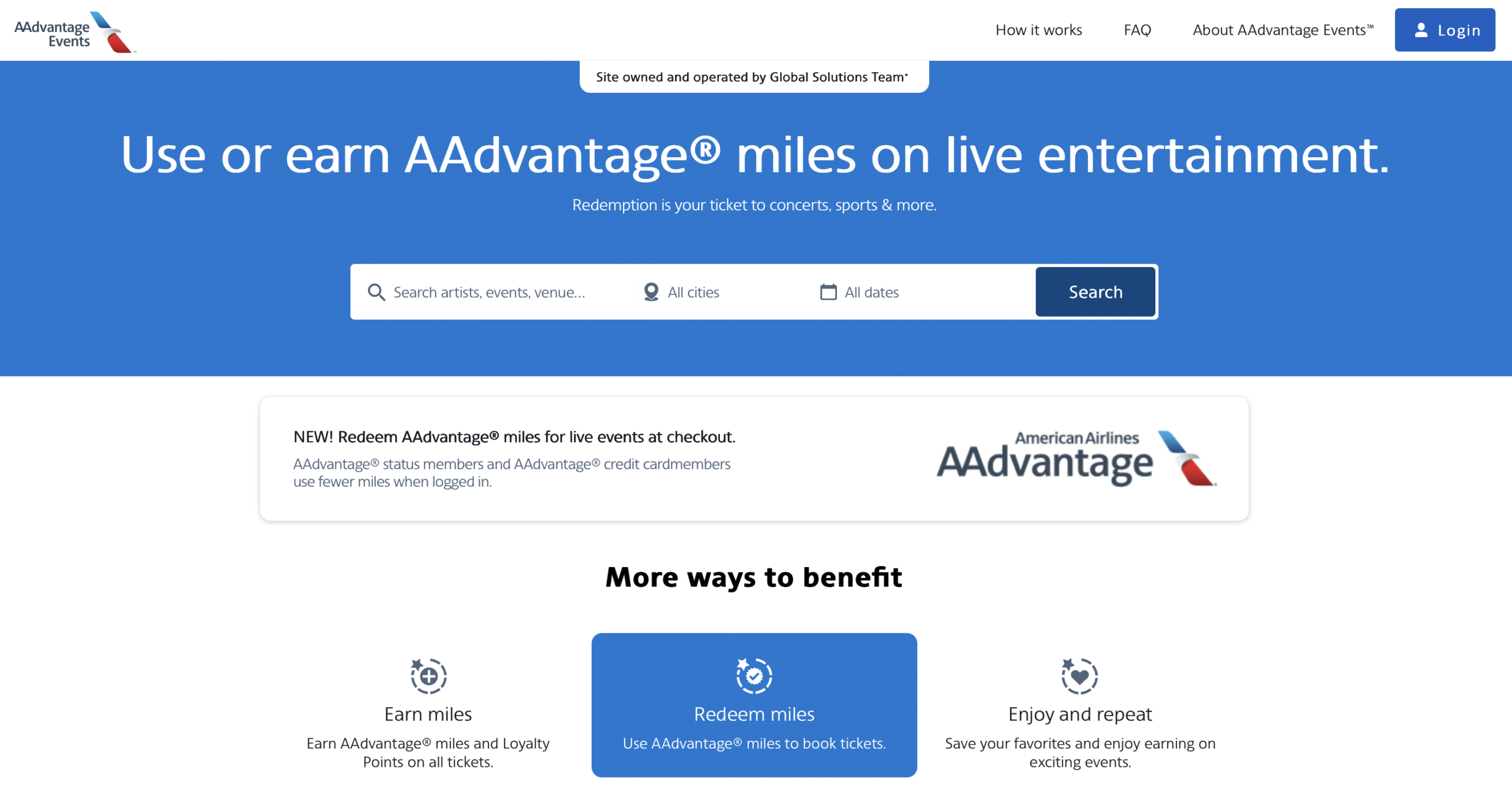 AAdvantage Events platform homepage