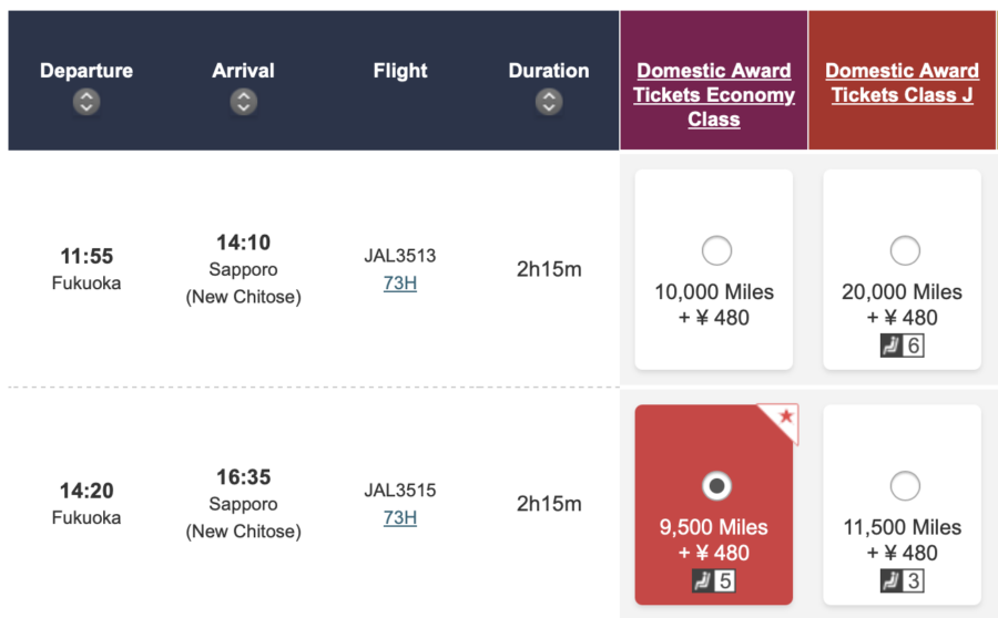 Fukuoka (FUK) to Sapporo (CTS) with JAL miles.