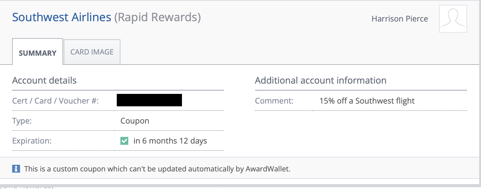 Screenshot showing Southwest promo codes in AwardWallet account