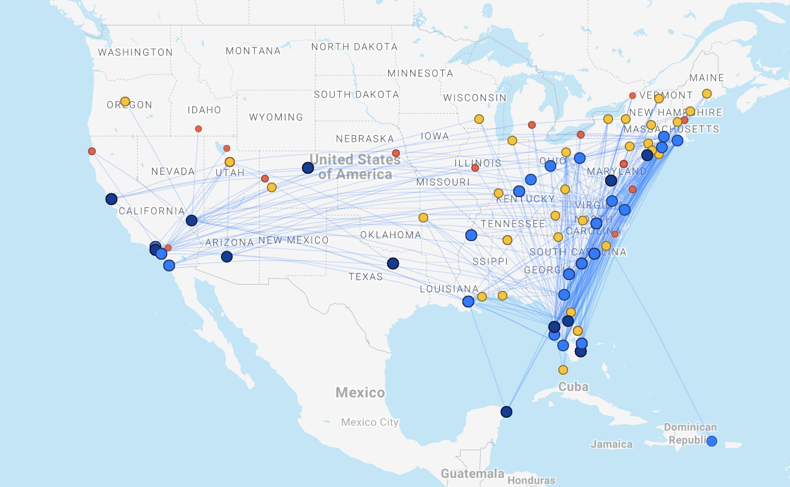 Breeze Airways route map as of January 2026