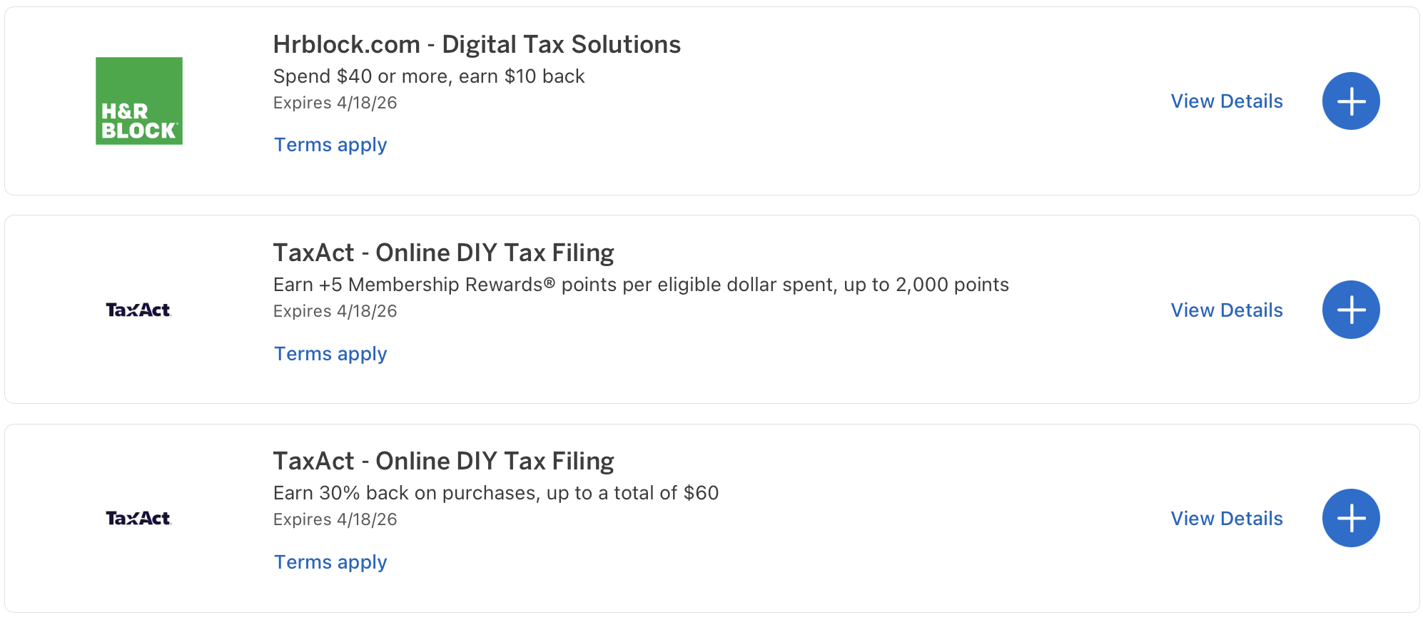 H&R Block and TaxAct Amex Offers