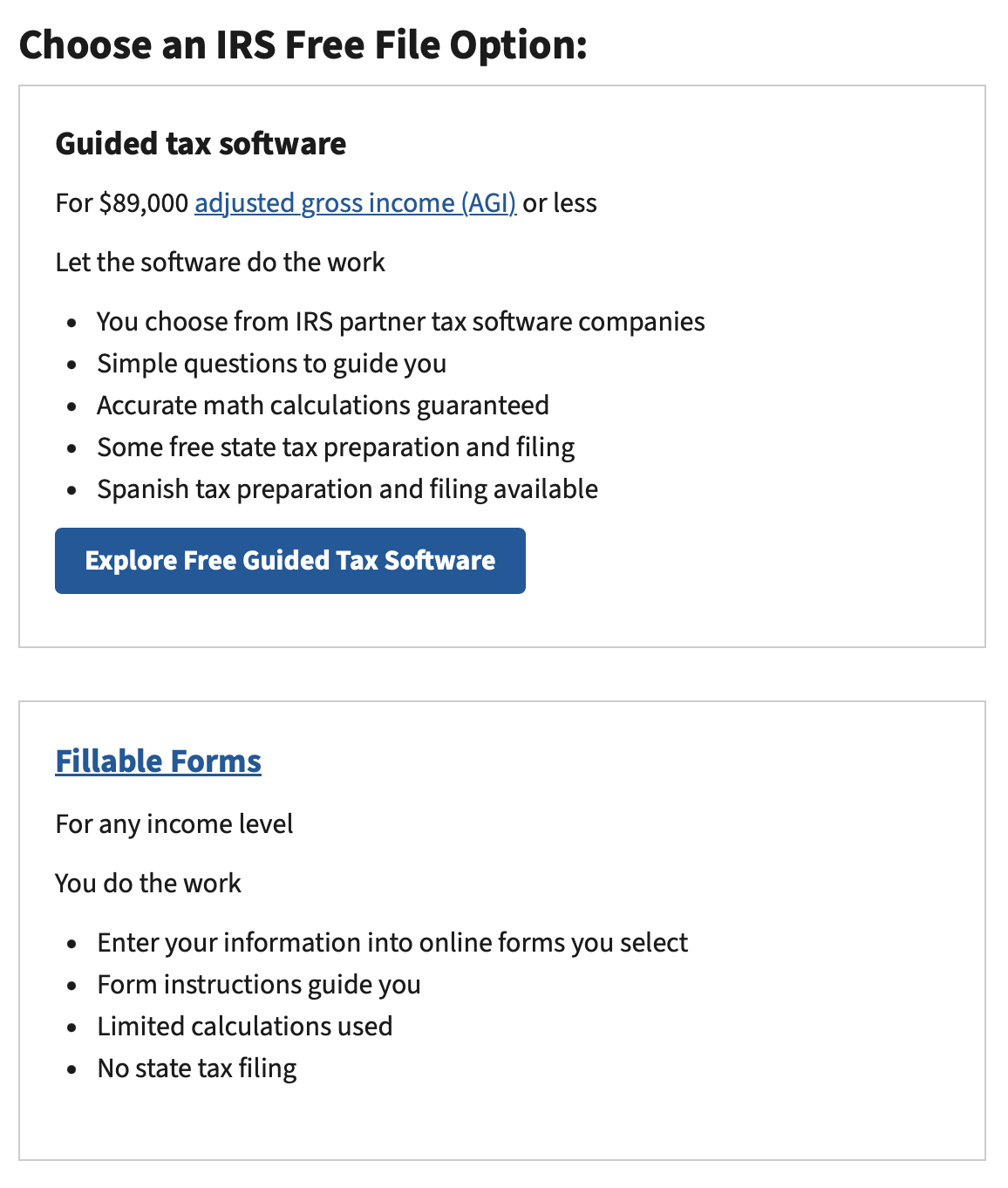 IRS Free File options and details