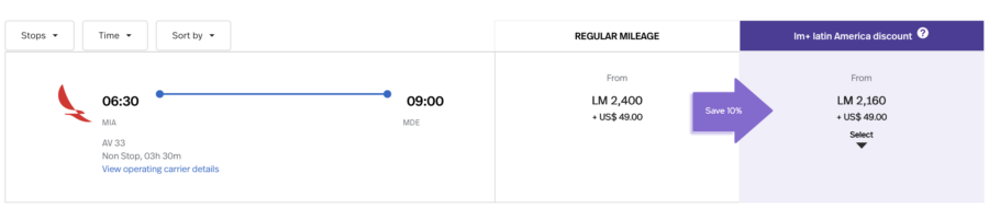 Screenshot of a flight search result from MIA to MDE using LifeMiles