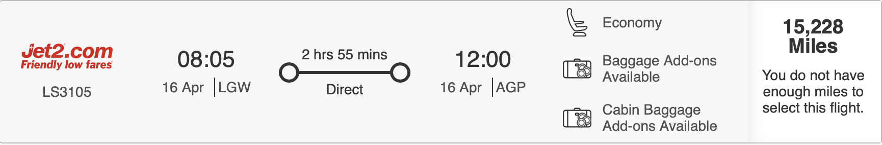 LGW to AGP on Jet2.com using Emirates Skywards miles