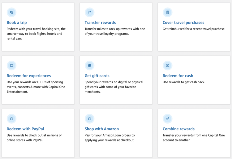 Screenshot of Capital One miles redemption methods
