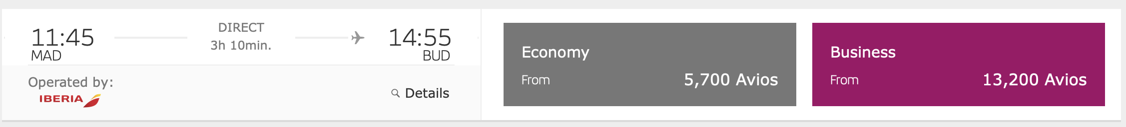 A screenshot of a flight from Madrid to Budapest