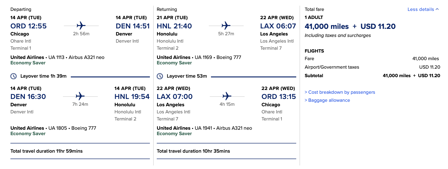 ORD to HNL round-trip operated by United booked through KrisFlyer