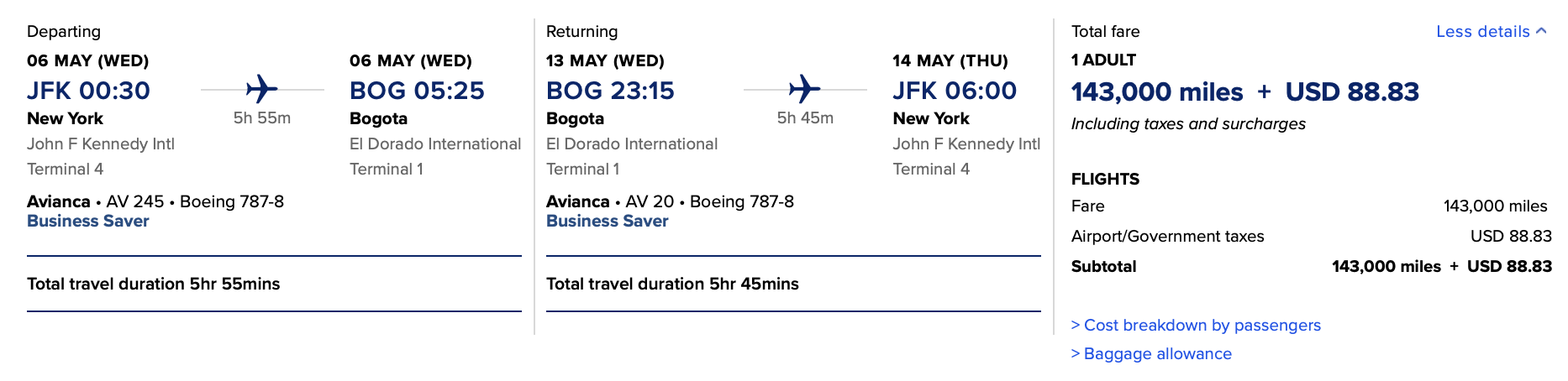 JFK to BOG operated by Avianca through KrisFlyer