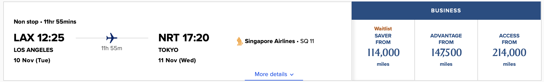 Singapore Airlines Award From Los Angeles to Tokyo