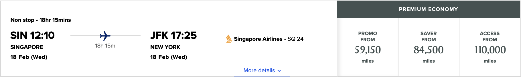 Singapore Airlines Award From Singapore to New York