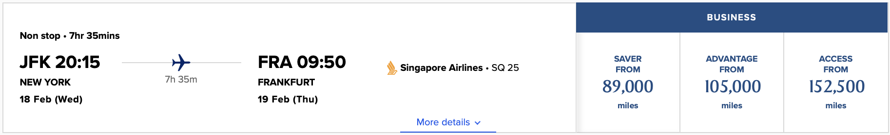 Singapore Airlines Award From New York to Frankfurt