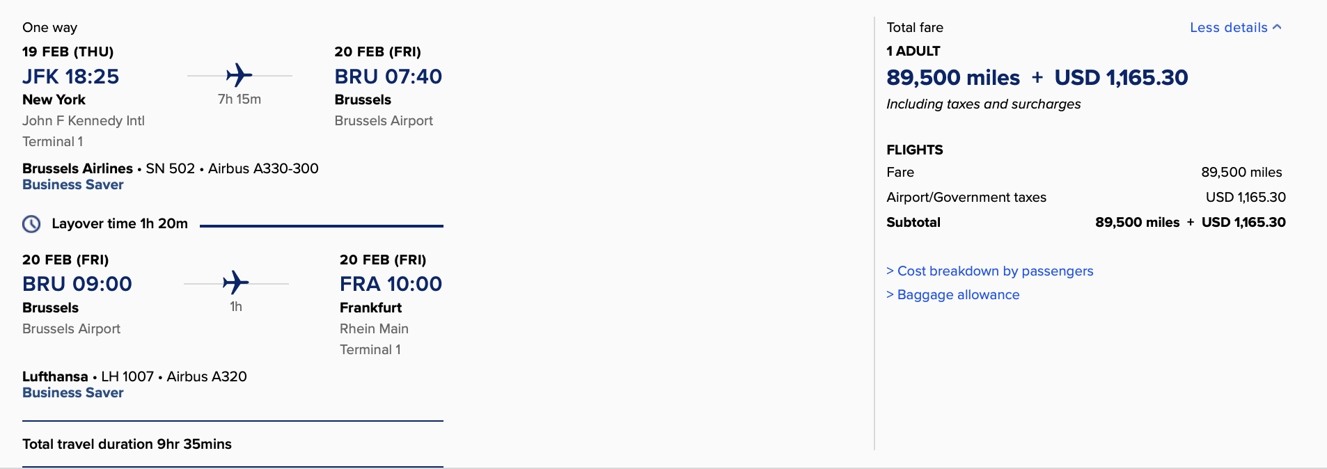 Singapore Airlines Award From JFK to FRA with a layover in BRU