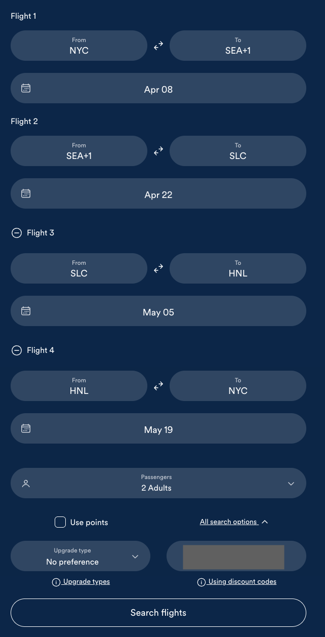 Alaska Airlines multi-city search using Companion Fare code