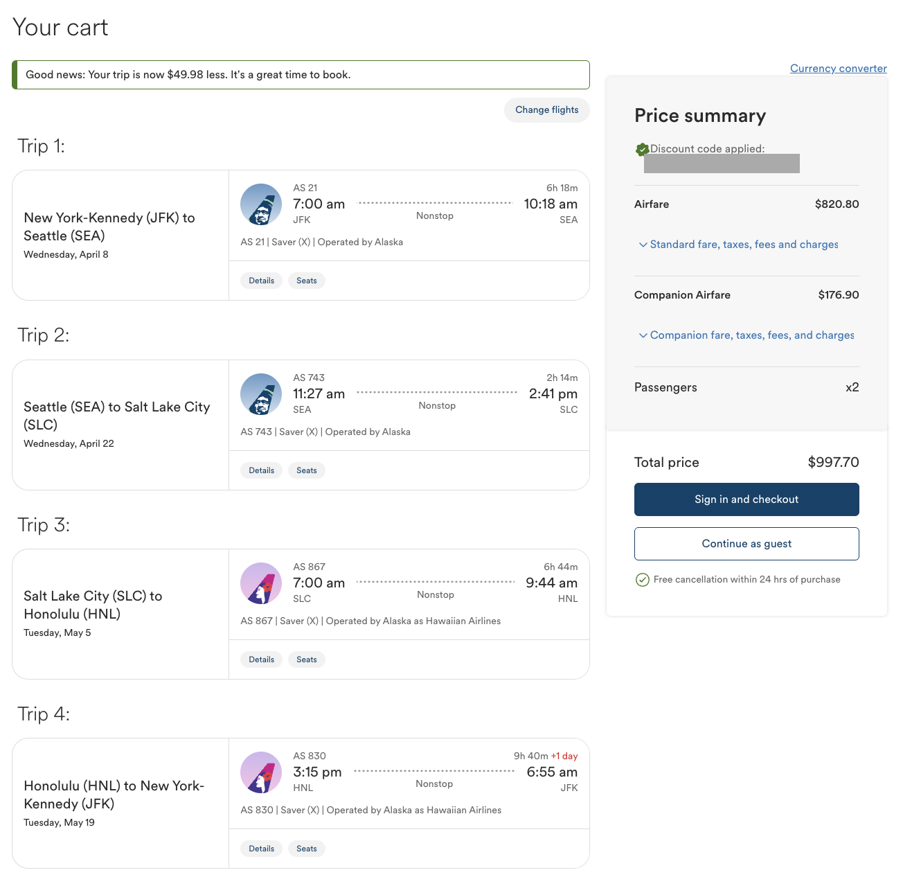 Multi-city booking using an Alaska Airlines Companion Fare