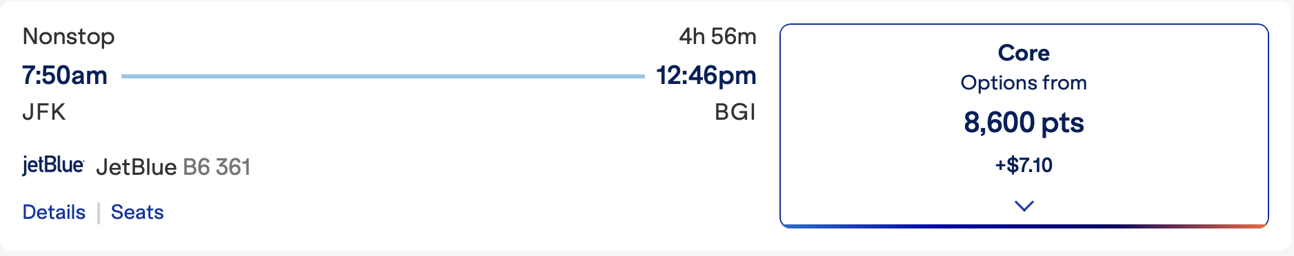 JFK to BGI using JetBlue TrueBlue points