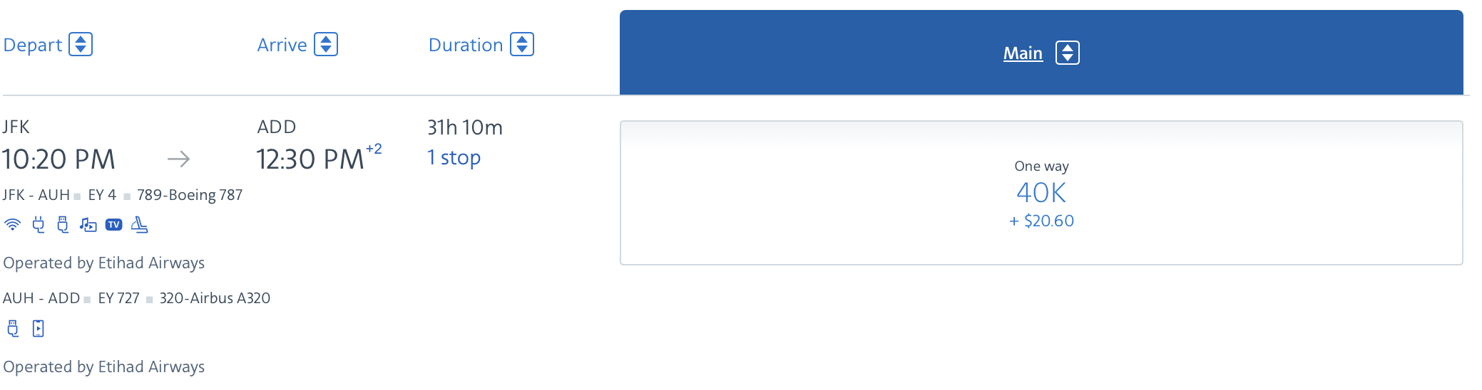 JFK to ADD with a layover in AUH operated by Etihad