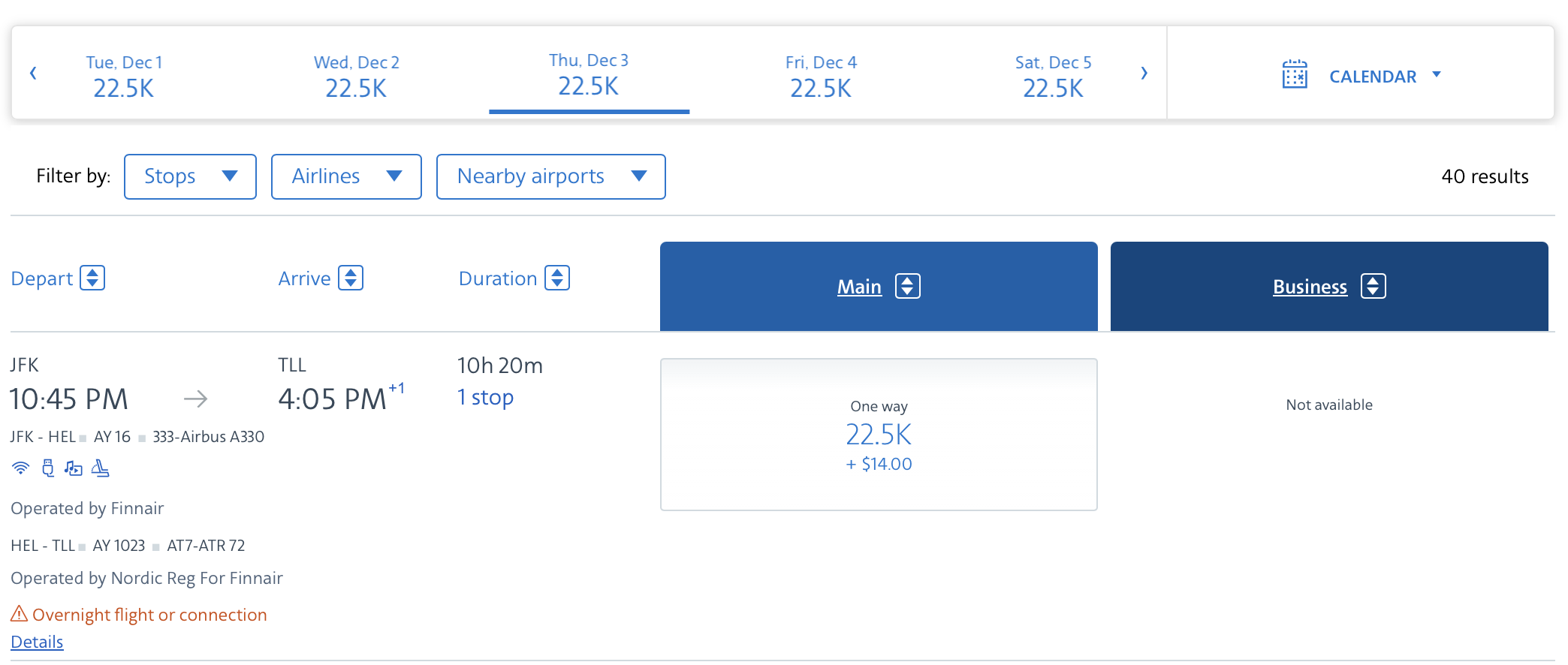 Screenshot of a route from JFK to TLL with AAdvantage miles