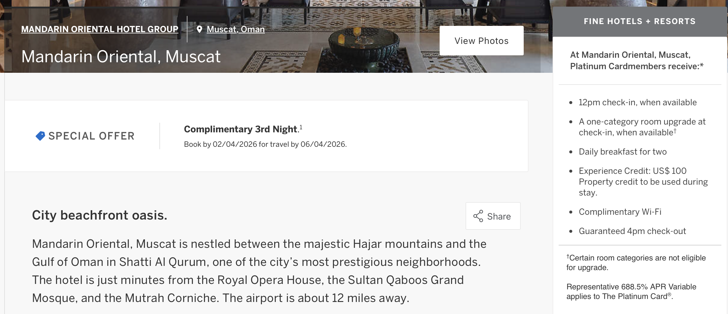 Mandarin Oriental, Muscat listing on Amex Fine Hotels + Resorts