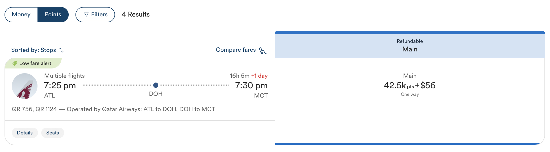 ATL to MCT on Qatar booked with Atmos Rewards points