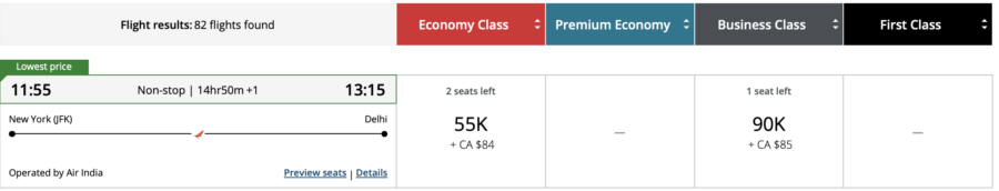 New York to Delhi operated by Air India through Aeroplan