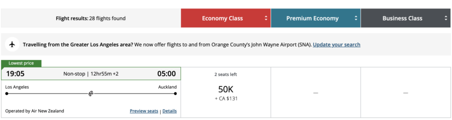 Los Angeles to Auckland operated by Air New Zealand booked through Aeroplan