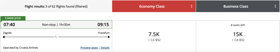 Zagreb to Frankfurt on Croatia Airlines through Aeroplan