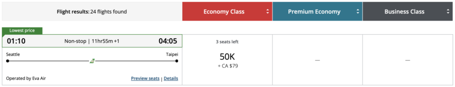 Seattle to Taipei operated by Eva Air and booked through Aeroplan