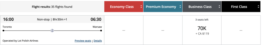 Toronto to Warsaw operated by Lot and booked through Aeroplan