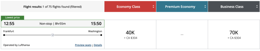 Frankfurt to Washington on Lufthansa booked through Aeroplan