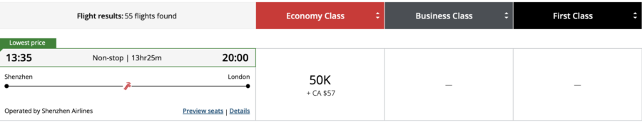 Shenzhen to London on Shenzhen Airlines booked through Aeroplan