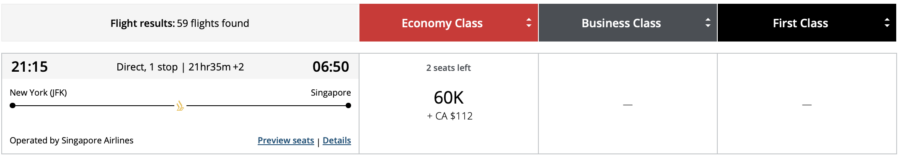 New York to Singapore on Singapore Airlines booked via Aeroplan