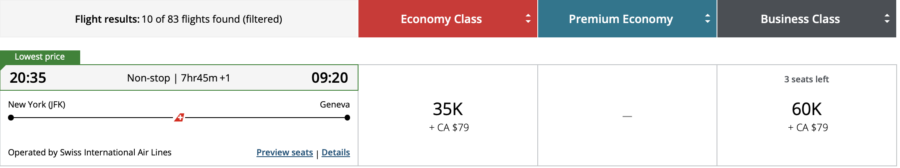 New York to Geneva with SWISS through Aeroplan