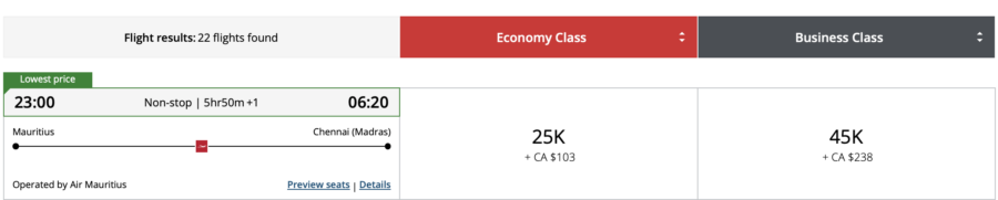 Mauritius to Chennai on Air Mauritius booked through Aeroplan