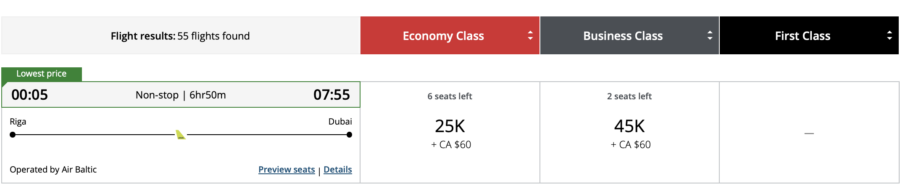 Riga to Dubai on Air Baltic through Aeroplan