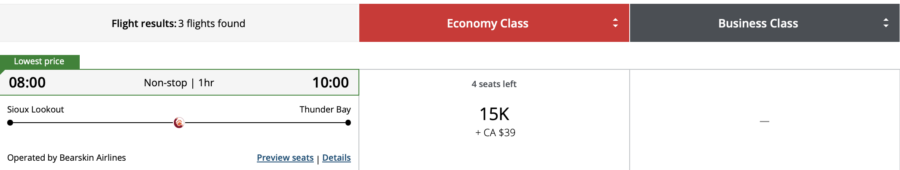 Sioux Lookout to Thunder Bay on Bearskin Airlines through Aeroplan