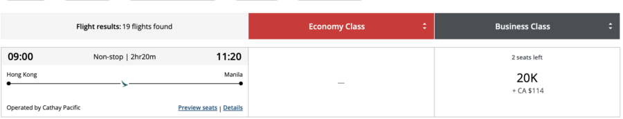 Hong Kong ot Manila on Cathay Pacific through Aeroplan