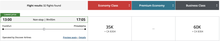 Frankfurt to Philadelphia on Discover Airlines through Aeroplan