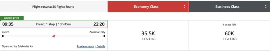 Zurich to Zanzibar City operated by Edelweiss Air booked through Aeroplan