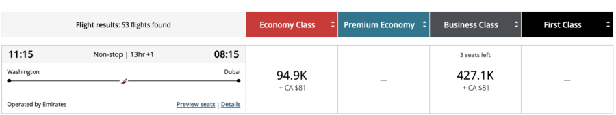 Washington to Dubai on Emirates through Aeroplan