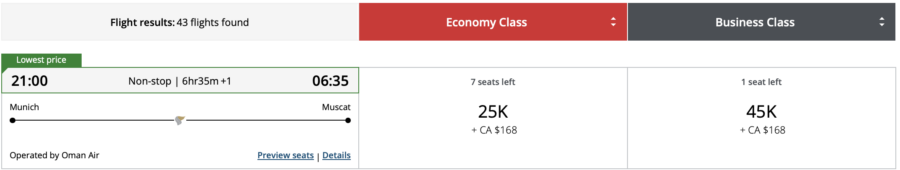 Munich to Muscat on Oman Air thorugh Aeroplan