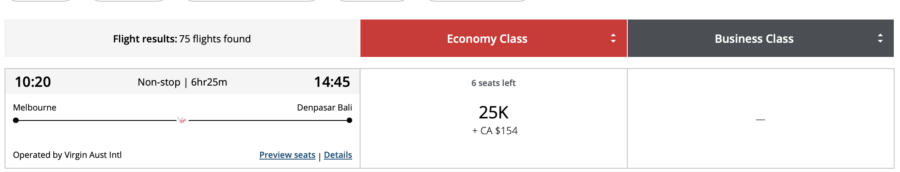 Melbourne to Balli on Virgin Australia through Aeroplan