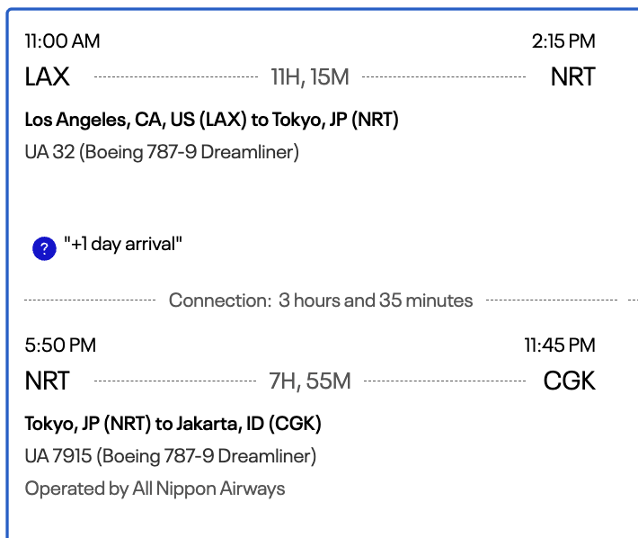 Screenshot showing United flights from Los Angeles (LAX) to Jakarta (CGK)