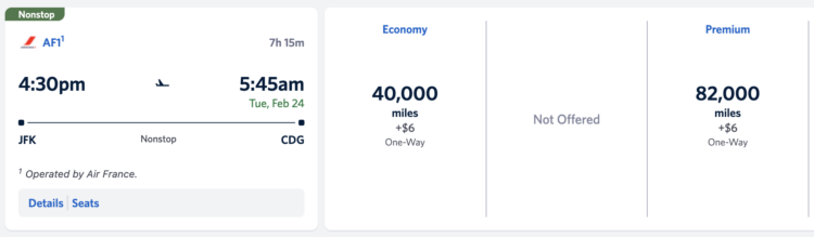 Delta screenshot showing a flights from JFK to CDG