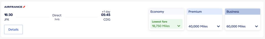 Screenshot of Air France Flying Blue award pricing from New York to Paris