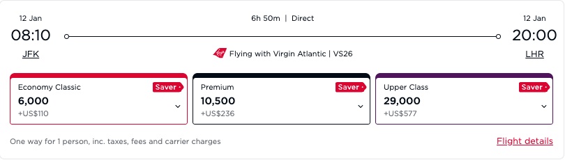 Screenshot of Virgin Atlantic