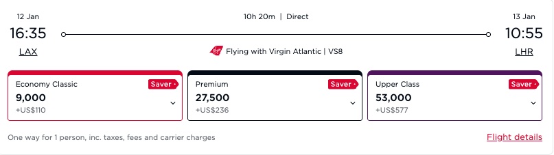 Screenshot of Virgin Atlantic