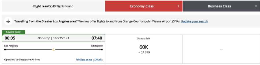 Screenshot of Aeroplan search results